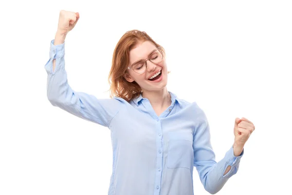 Portrait Positive Redhead Girl Business Shirt Emotionally Rejoices Feels Happy Stock Image