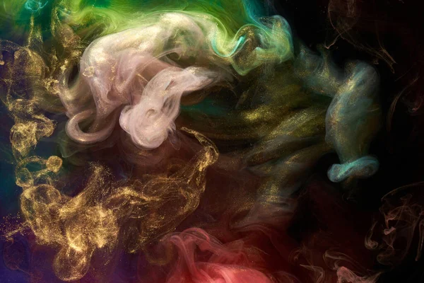 Flerfärgad Gnistrande Abstrakt Bakgrund Lyx Mörkt Guld Rök Akrylfärg Undervattensexplosion — Stockfoto