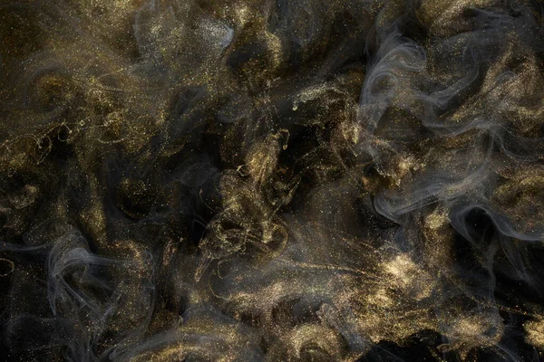 Goldener Funkelnder Abstrakter Hintergrund Luxuriöser Schwarzer Rauch Acrylfarbe Unter Wasser — Stockfoto