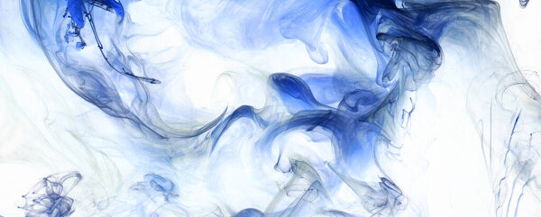 Blue ink abstract background. Acrylic paint backdrop for perfume, hookah, cosmetics. Mysterious smoke clouds, colorful fog