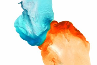 Mavi turuncu mürekkep soyut arka plan. Parfüm, nargile ve kozmetik ürünleri için akrilik boya arka planı. Gizemli duman bulutları, renkli sis