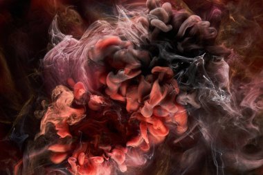Kırmızı siyah mürekkep soyut arka plan. Parfüm, nargile ve kozmetik ürünleri için akrilik boya arka planı. Gizemli duman bulutları, renkli sis