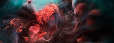 Zümrüt kırmızı mürekkep soyut arka plan. Parfüm, nargile ve kozmetik ürünleri için akrilik boya arka planı. Gizemli duman bulutları, renkli sis