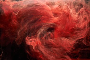 Kırmızı mürekkep soyut arka plan. Parfüm, nargile ve kozmetik ürünleri için akrilik boya arka planı. Gizemli duman bulutları, renkli sis