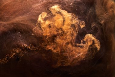 Parlak turuncu arka plan, lüks duman, su altında akrilik boya patlama, kozmik girdap mürekkebi, altın okçu sonbahar