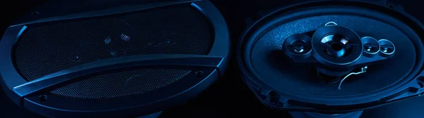 Звукові Динаміки Чорного Автомобіля Крупним Планом Чорному Фоні Аудіосистема Жорсткий — стокове фото