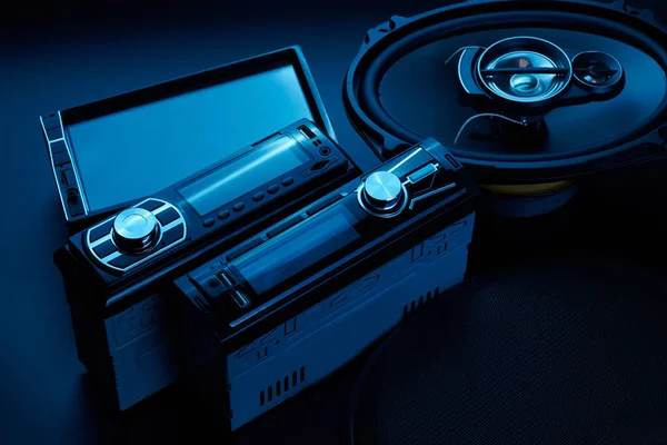 Black Car Sound Speakers Radio Tape Recorder Close Black Background — Stock fotografie