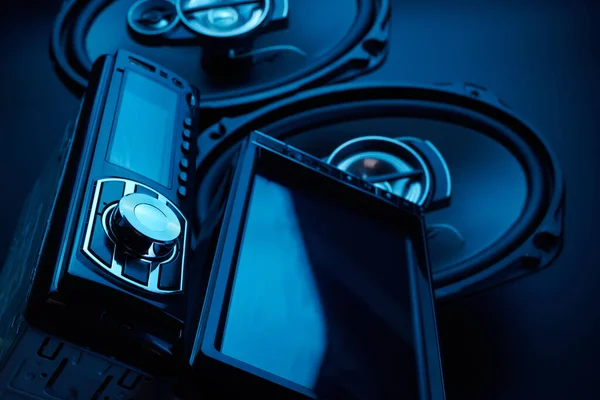 Звукові Динаміки Чорного Автомобіля Магнітофон Крупним Планом Чорному Фоні Аудіосистема — стокове фото