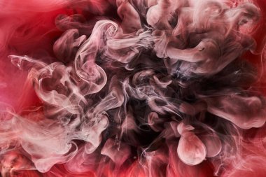 Kırmızı siyah mürekkep soyut arka plan. Parfüm, nargile ve kozmetik ürünleri için akrilik boya arka planı. Gizemli duman bulutları, renkli sis