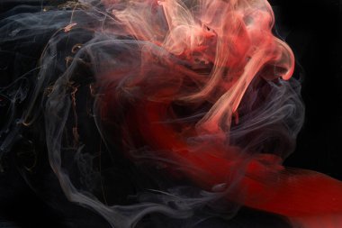 Kırmızı siyah mürekkep soyut arka plan. Parfüm, nargile ve kozmetik ürünleri için akrilik boya arka planı. Gizemli duman bulutları, renkli sis