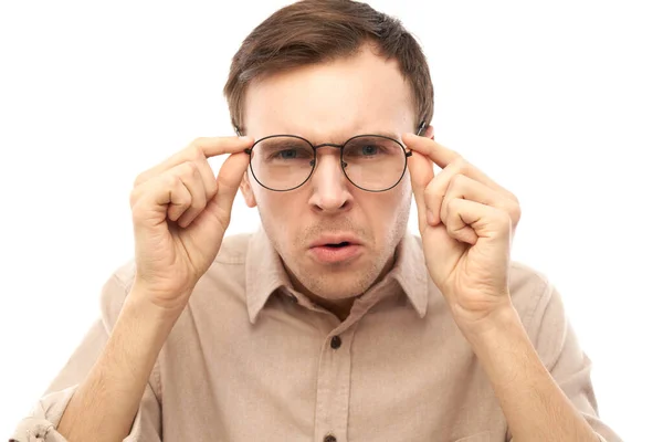 Caucasian Young Male Wearing Glasses Squinting While Looking Camera Isolated — Stock Photo, Image