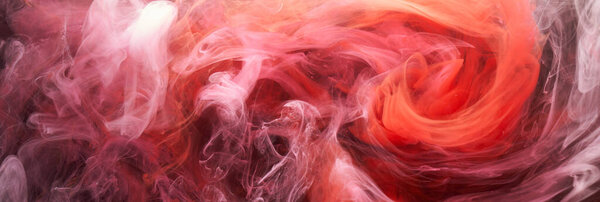 Red ink abstract background. Acrylic paint backdrop for perfume, hookah, cosmetics. Mysterious smoke clouds, colorful fog