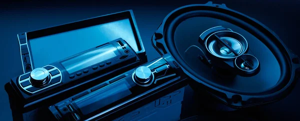 Black Car Sound Speakers Radio Tape Recorder Close Black Background — Stock Photo, Image