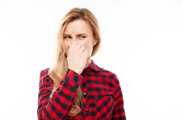 Young Blonde Woman Holding Nose Avoid Disgusted Smell Pinches Nose — Stock Photo, Image