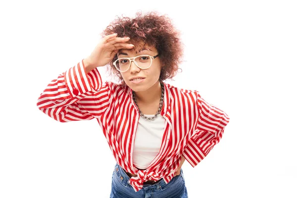 Curly Caucasian Young Woman Casual Looks Future Looking Far Away — Stock Photo, Image