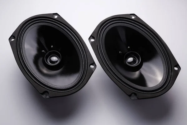 Fekete Autó Hangszórók Közelkép Fehér Háttér Audio Rendszer Kemény Basszus — Stock Fotó