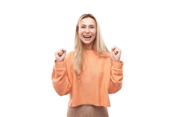 Portrait Positive Blonde Girl Emotionally Rejoices Feels Happy Satisfied Isolated — Stock Photo, Image