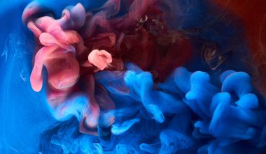 Mavi kırmızı mürekkep soyut arka plan. Parfüm, nargile ve kozmetik ürünleri için akrilik boya arka planı. Gizemli duman bulutları, renkli sis