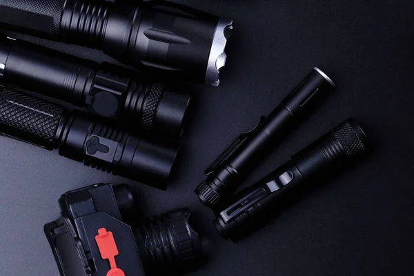 Set Black Pocket Tactical Flashlights Isolated Black Background — Stock Photo, Image