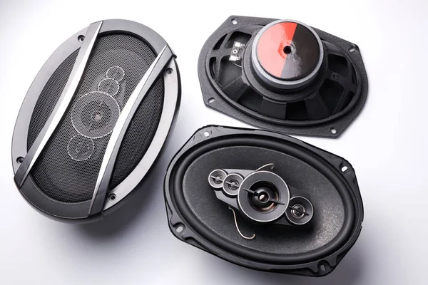 Black Car Sound Speakers Close White Background Audio System Hard — Stock Photo, Image