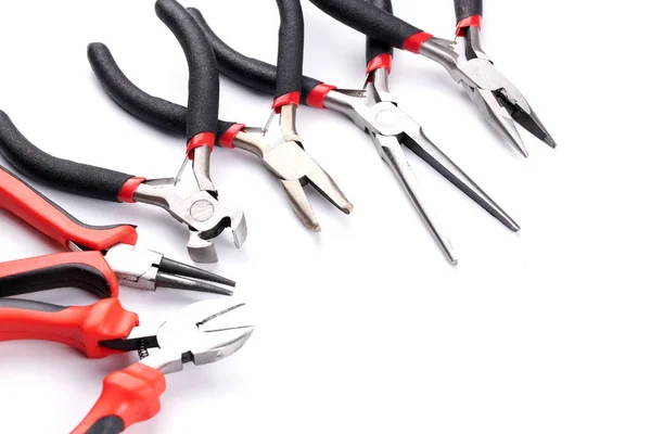 Set Different Types Pliers Side Cutters Isolated White Background Hand — Stock Photo, Image