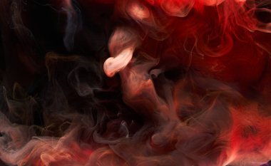 Kırmızı siyah mürekkep soyut arka plan. Parfüm, nargile ve kozmetik ürünleri için akrilik boya arka planı. Gizemli duman bulutları, renkli sis