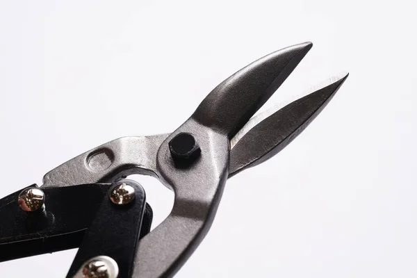Scissors Cutting Metal Closeup Isolated White Background — Stock Photo, Image