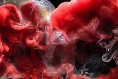 Kırmızı siyah mürekkep soyut arka plan. Parfüm, nargile ve kozmetik ürünleri için akrilik boya arka planı. Gizemli duman bulutları, renkli sis