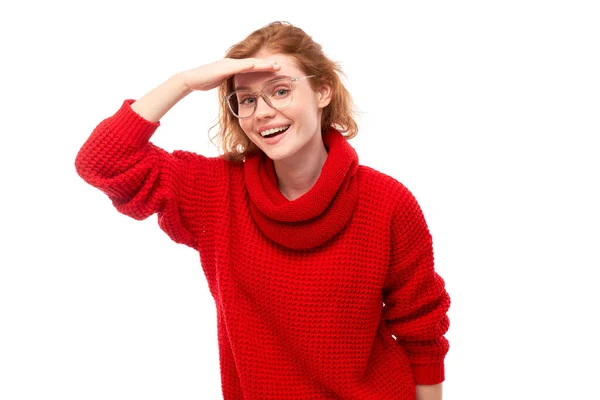 Redhead Young Woman Red Christmas Sweater Looks Future Looking Far — Fotografia de Stock