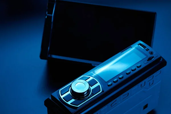 Black Car Radio Tape Recorder Close Black Background Audio System — Stock Photo, Image