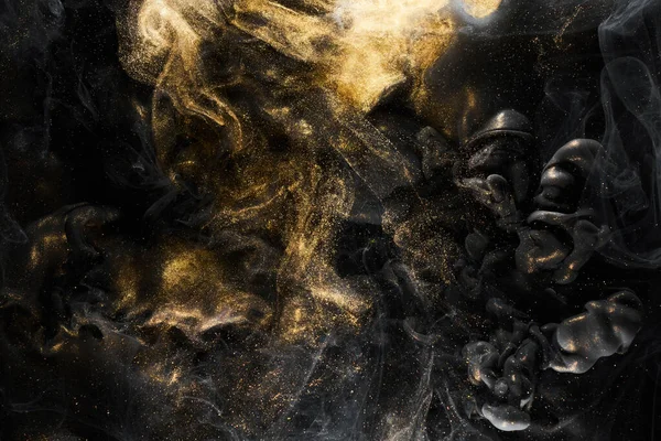 Goldener Funkelnder Abstrakter Hintergrund Luxuriöser Schwarzer Rauch Acrylfarbe Unter Wasser — Stockfoto