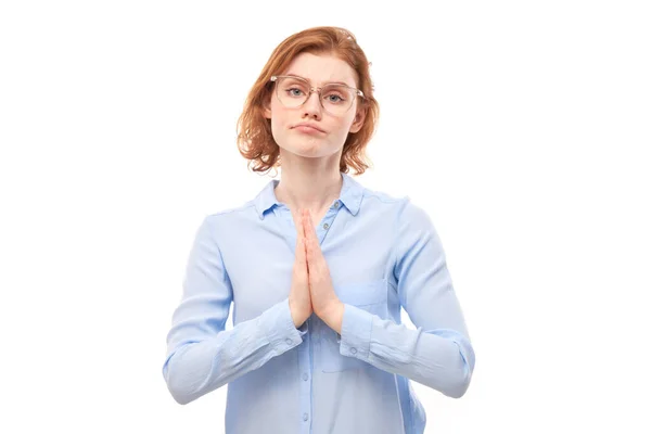 Portrait Young Redhead Woman Folded Her Hands Prayer Gesture Isolated — Stock Photo, Image
