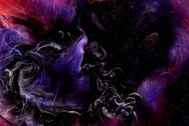 Multicolored contrast outer space abstract background, clouds of interstellar smoke in motion, cosmic swirl of paints