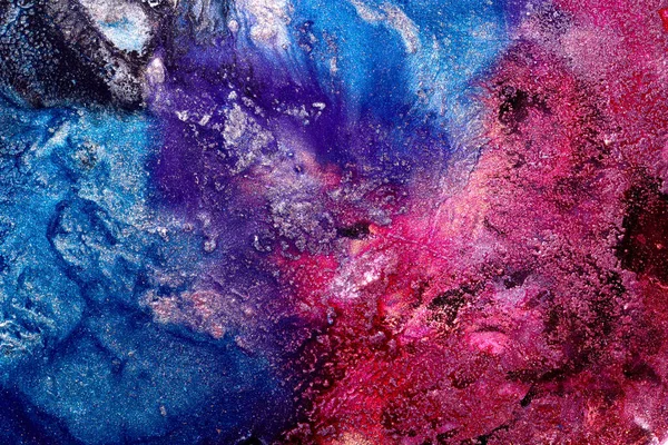 奢华的抽象背景 流畅的艺术 蓝色的红色混合酒精油墨与金色油漆斑斑 地球表面 大理石质感 — 图库照片