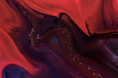 Luxury abstract background, liquid art. Blue red mix alcohol ink with golden paint blots, Earth water surface, marble texture