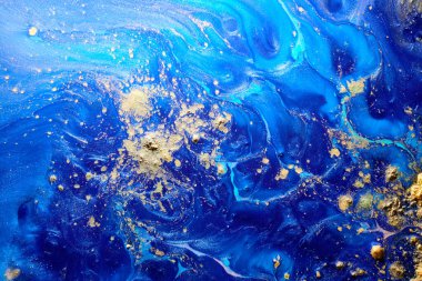 Luxury abstract background, liquid art. Blue alcohol ink with golden paint streaks, water surface, marble texture