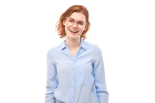 Portrait Attractive Red Haired Girl Business Shirt Glasses Smiling Joyfully — Stock Photo, Image