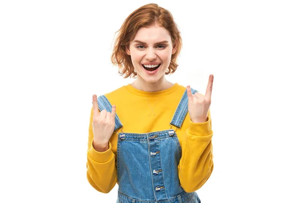 Portrait Young Redhead Woman Showing Rock Roll Gesture Fingers Isolated — Stock Photo, Image