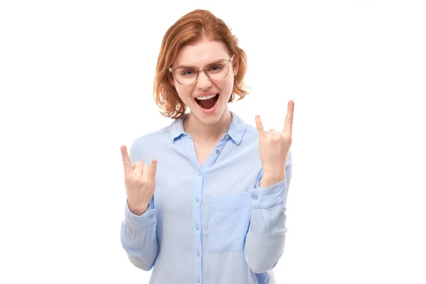 Portrait Young Redhead Woman Showing Rock Roll Gesture Fingers Isolated — Stock Photo, Image