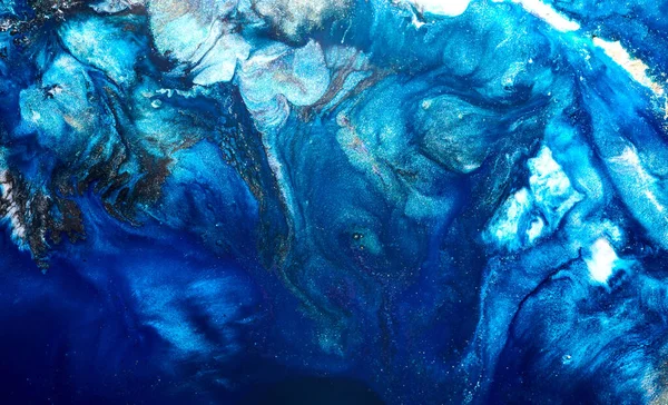 奢华的抽象背景 流畅的艺术 蓝色酒精油墨 带有金色色斑 大理石质感 — 图库照片