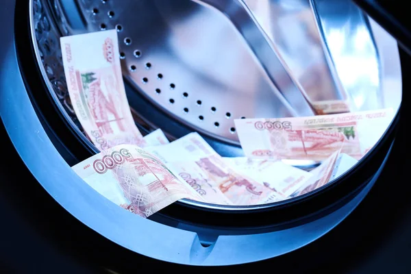 Uang Kertas Rusia Mesin Cuci Pencucian Uang Konsep Penipuan Keuangan — Stok Foto