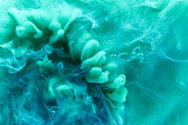 Yeşil mavi kontrast sıvı sanat arka planı. Boya mürekkebi patlaması, soyut duman bulutları taklit, suluboya su altı