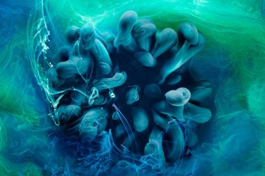 Yeşil mavi kontrast sıvı sanat arka planı. Boya mürekkebi patlaması, soyut duman bulutları taklit, suluboya su altı