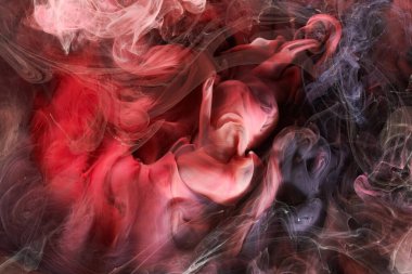 Koyu kırmızı kontrastlı sıvı sanat arka planı. Boya mürekkebi patlaması, soyut duman bulutları taklit, suluboya su altı