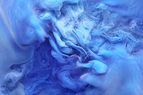 Blue contrast liquid art background. Paint ink explosion, abstract clouds of smoke mock-up, watercolor underwater