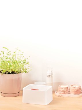 Kozmetik ürünler, makyaj malzemeleri ve aksesuarlar için beyaz plastik düzenleyici, güzellik odası iç mimarisi