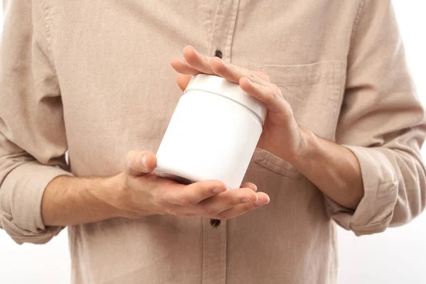 Close Male Hands Holding Empty White Jar Copy Space Text — Stock Photo, Image