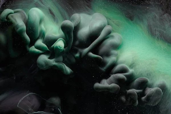 Groene Zwarte Contrast Vloeibare Kunst Achtergrond Verfinkt Explosie Abstracte Wolken — Stockfoto