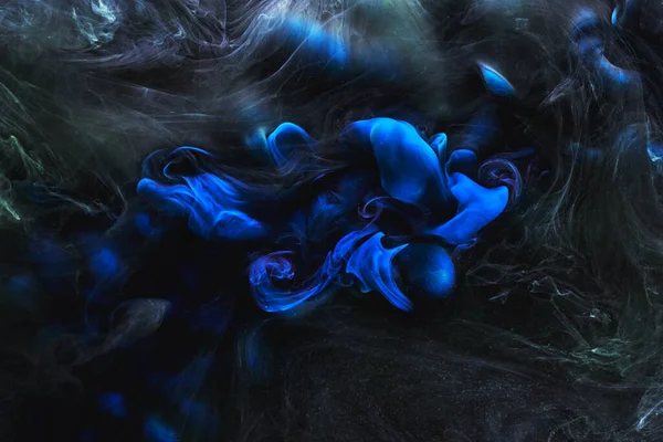 Blauer Schwarzer Kontrast Flüssiger Kunsthintergrund Farbexplosion Abstrakte Rauchwolken Attrappe Aquarell — Stockfoto
