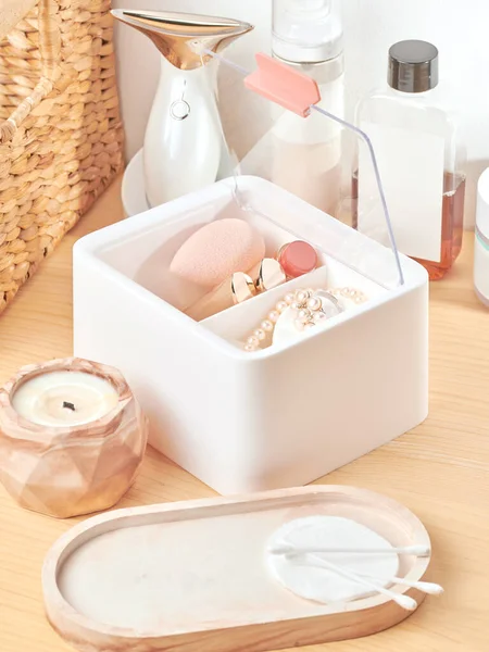 White Plastic Organizer Cosmetic Products Makeup Stuff Accessories Beauty Room — Stock Photo, Image